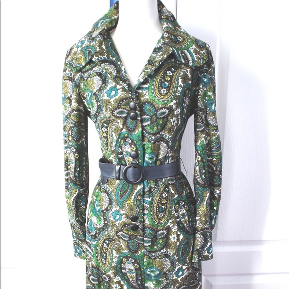 Vintage English Designer GREEN Paisley Print Shirt Dress 34 - Picture 7 of 15